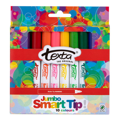 Texta Jumbo Smart Tip Markers in 10 assorted colours fanned out on a white background