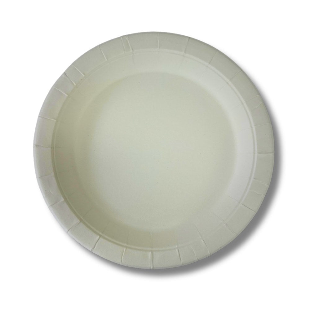 White round economy paper plate with a fluted rim seen from above; the same supplier photo is used for the 180mm and 230mm plates