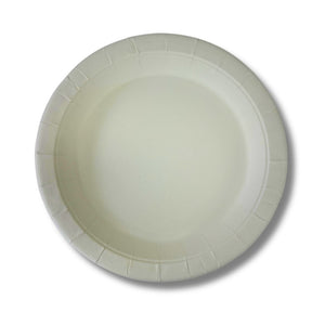 White round economy paper plate with a fluted rim seen from above; the same supplier photo is used for the 180mm and 230mm plates