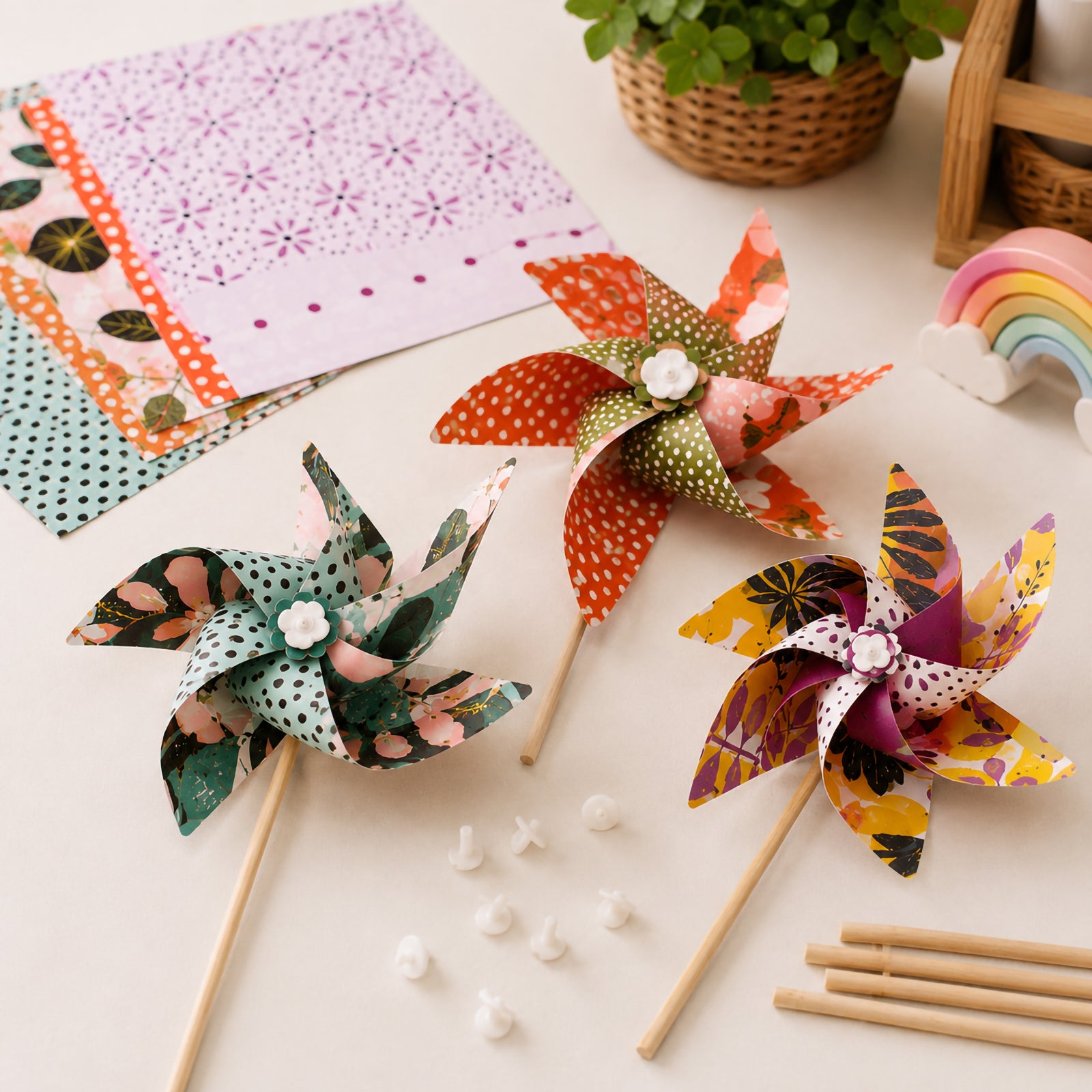 Three completed windmills with colourful floral and botanical patterns are displayed alongside template sheets, wooden dowels, assembly parts and an instruction guide. The image highlights the creative crafting process and demonstrates the vibrant finished windmill designs that can be made from the kit.