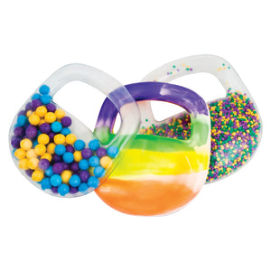 Clean product image of the MTA Essentials Throw and Grab PVC Bag Balls Set of 3 against a white background. The overlapping sensory balls show their large integrated handles and three contrasting internal designs, including colourful large beads, small multicoloured beads and layered purple, green, yellow, white and orange material for varied sensory exploration.