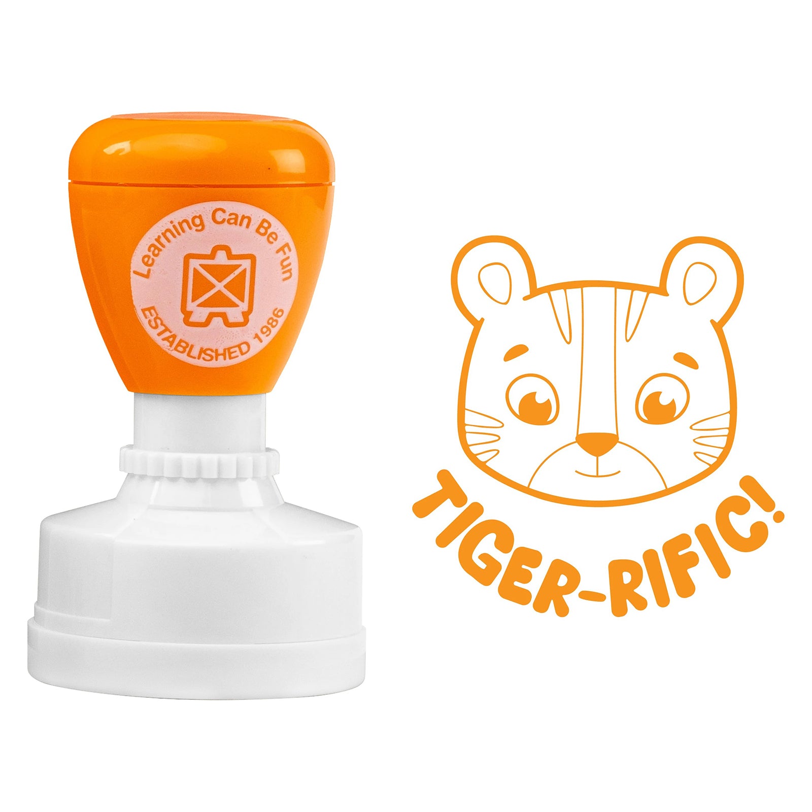 Product close up featuring the orange merit stamp alongside the Tiger-rific artwork. The friendly tiger illustration and playful message create an appealing reward option for teachers and educators.