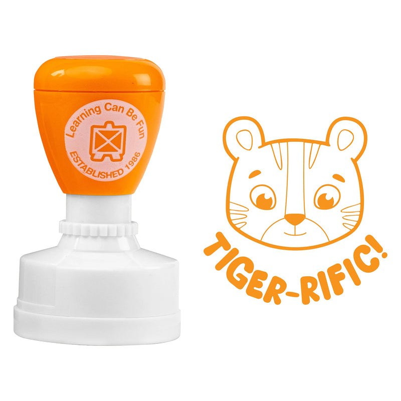 Product close up featuring the orange merit stamp alongside the Tiger-rific artwork. The friendly tiger illustration and playful message create an appealing reward option for teachers and educators.