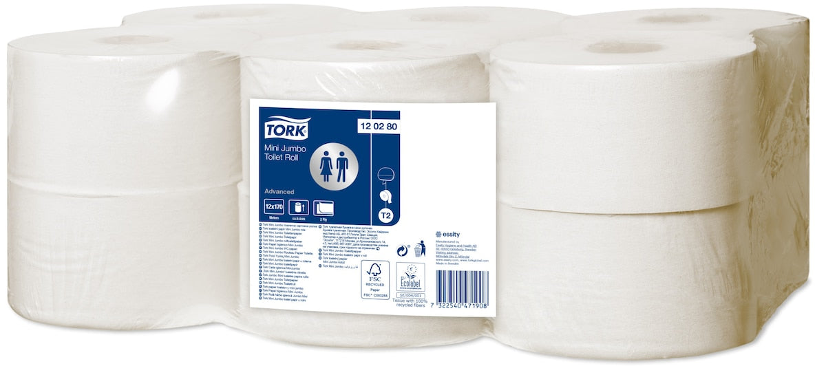 A stack of white Tork mini jumbo toilet rolls with the blue Tork band label on the top roll, photographed against a plain background