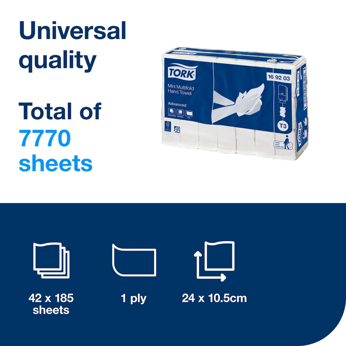 Tork information panel reading Universal quality, total of 7770 sheets, with a multifold hand towel pack and icons for 42 x 185 sheets, 1 ply and 24 x 10.5 cm
