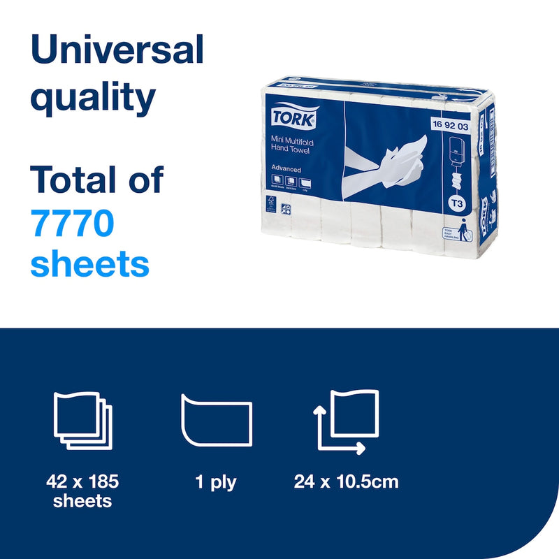 Tork information panel reading Universal quality, total of 7770 sheets, with a multifold hand towel pack and icons for 42 x 185 sheets, 1 ply and 24 x 10.5 cm