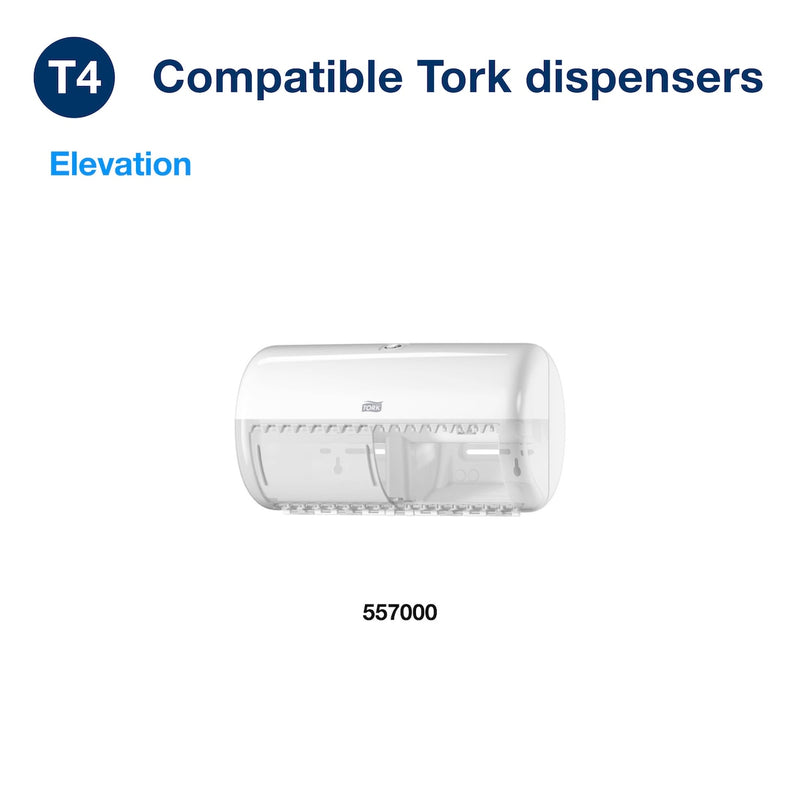 Tork compatibility chart for the T4 system showing the Elevation conventional toilet roll dispenser, article 557000