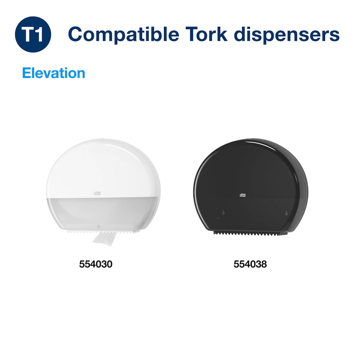 Tork compatibility chart for the T1 system showing the Elevation jumbo toilet roll dispensers in white, article 554030, and black, article 554038