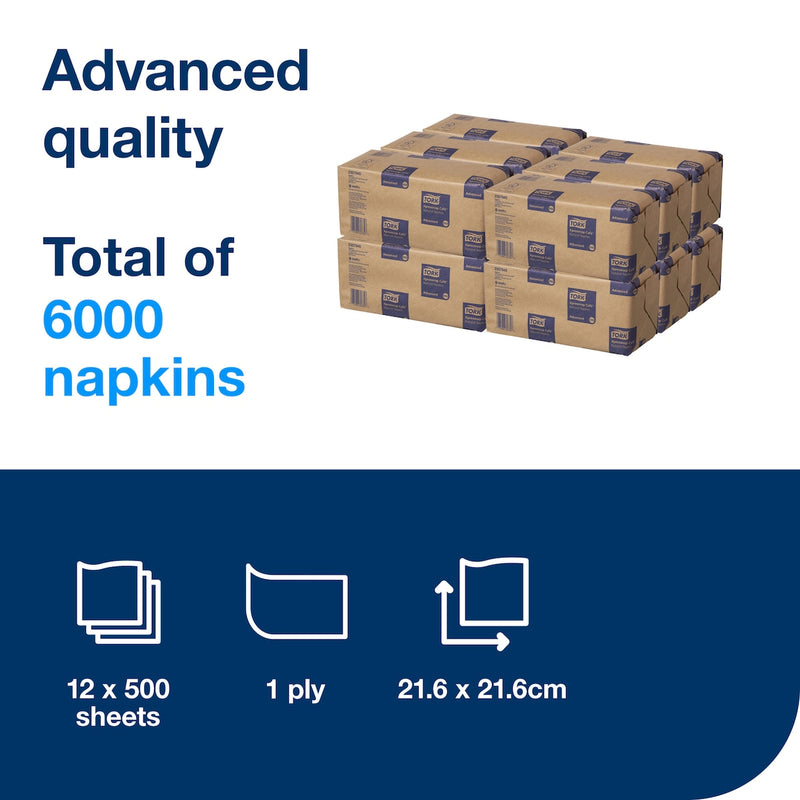 Tork information panel reading Advanced quality, total of 6000 napkins, with stacked kraft cartons and icons for 12 x 500 sheets, 1 ply and 21.6 x 21.6 cm