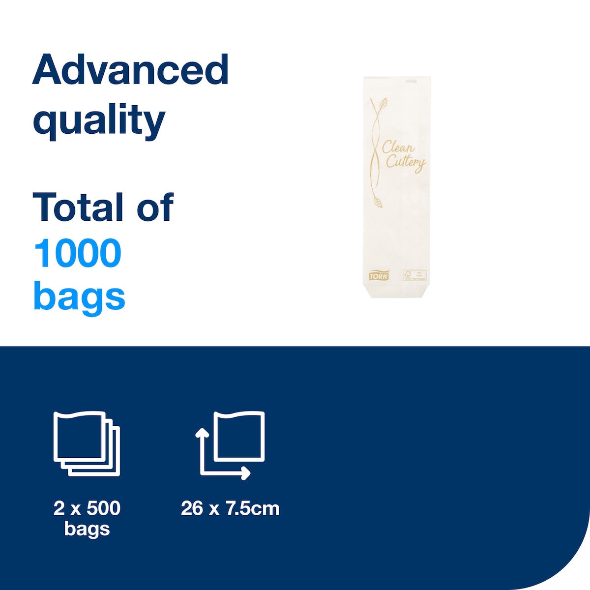 Tork information panel reading Advanced quality, total of 1000 bags, with a slim cream cutlery bag and icons for 2 x 500 bags and 26 x 7.5 cm
