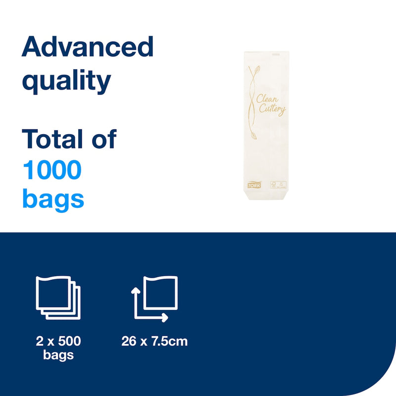 Tork information panel reading Advanced quality, total of 1000 bags, with a slim cream cutlery bag and icons for 2 x 500 bags and 26 x 7.5 cm