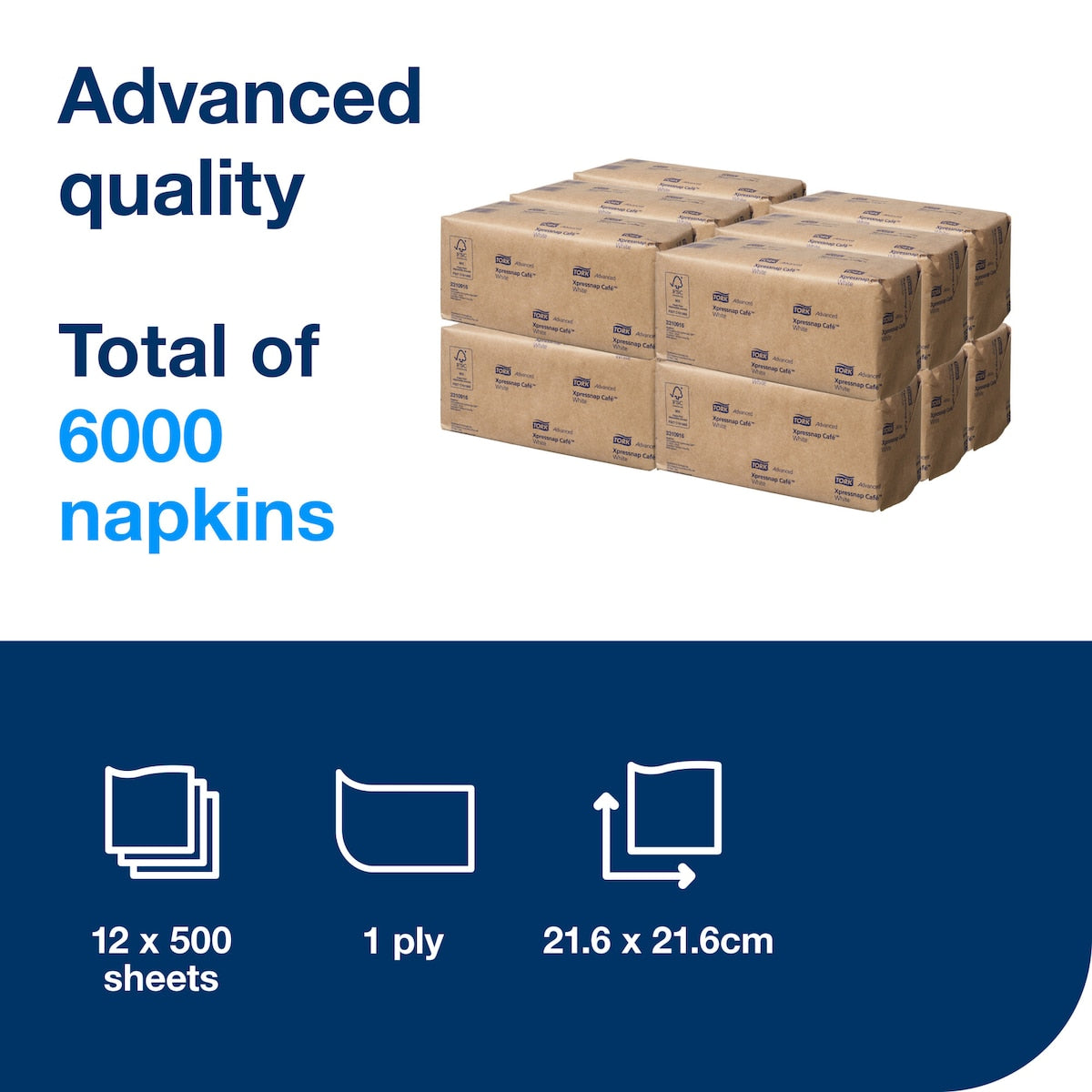 Tork information panel reading Advanced quality, total of 6000 napkins, with stacked kraft cartons and icons for 12 x 500 sheets, 1 ply and 21.6 x 21.6 cm