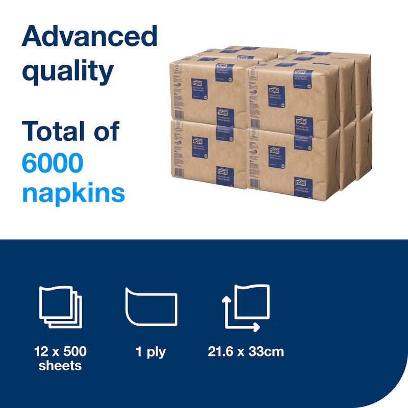 Tork information panel reading Advanced quality, total of 6000 napkins, with stacked cartons and icons for 12 x 500 sheets, 1 ply and 21.6 x 33 cm