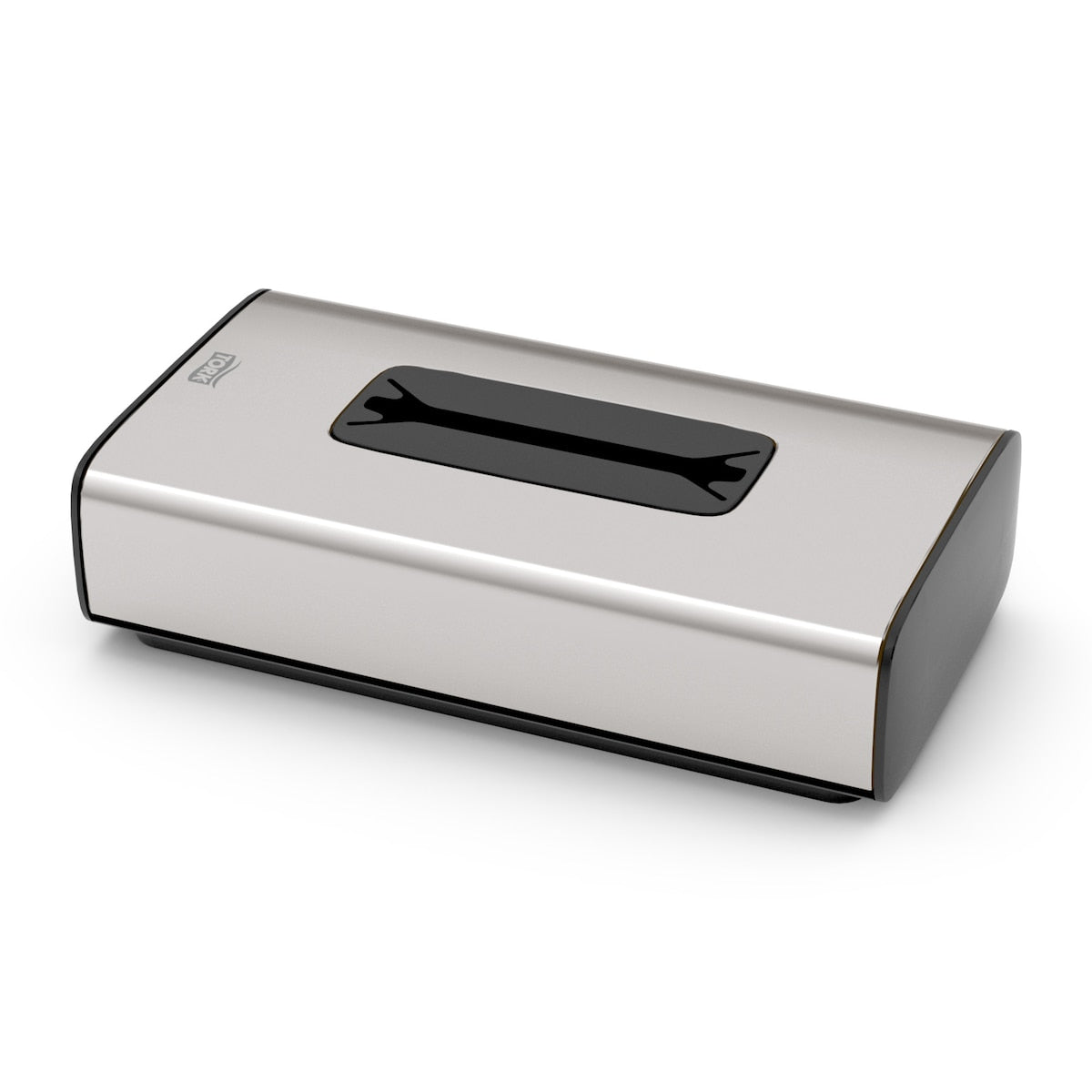 Brushed stainless steel Tork facial tissue dispenser with a slot opening on the top face, shown as the dispenser this tissue refill is made for