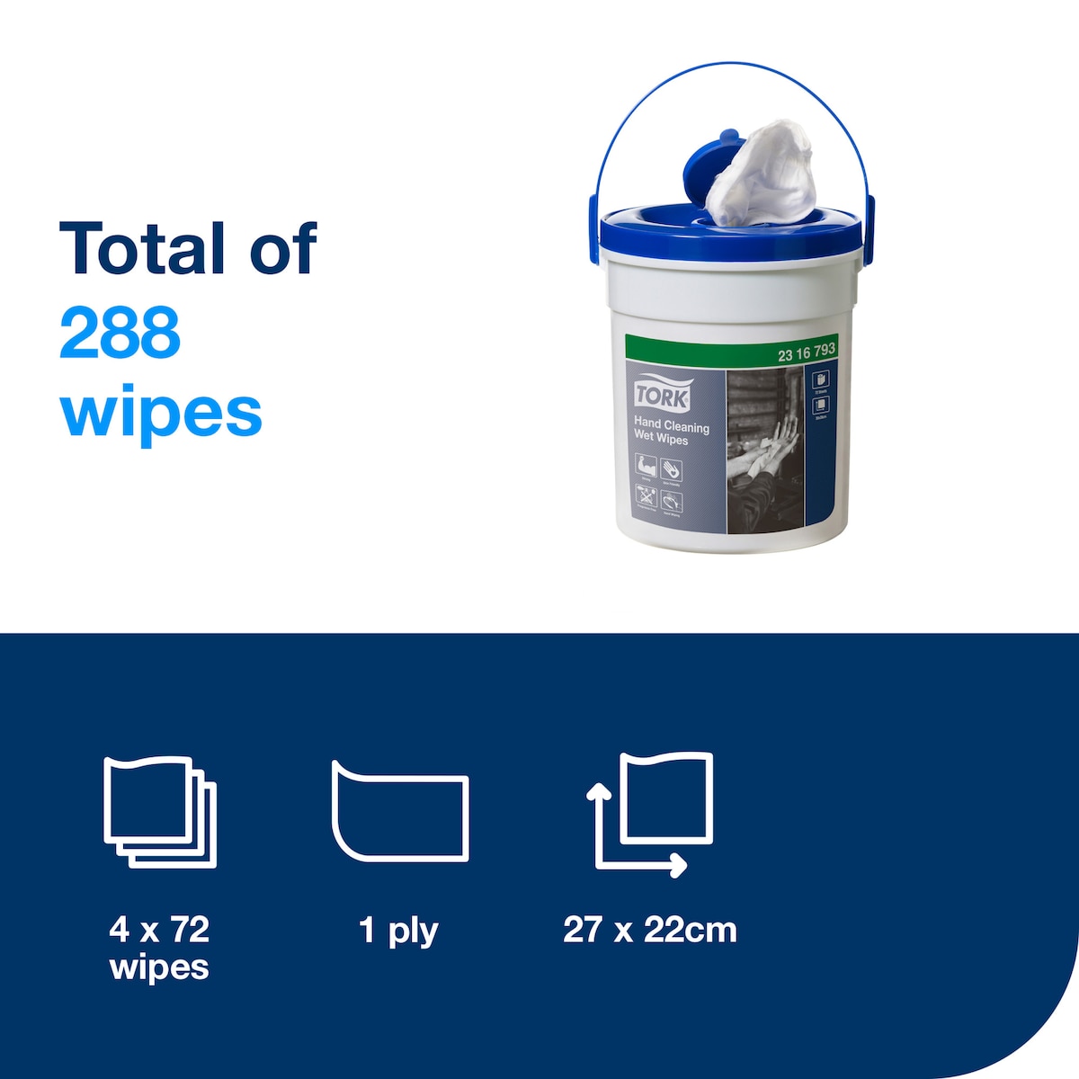 Tork information panel reading total of 288 wipes, with a white and blue lidded wipe tub and icons for 4 x 72 wipes, 1 ply and 27 x 22 cm