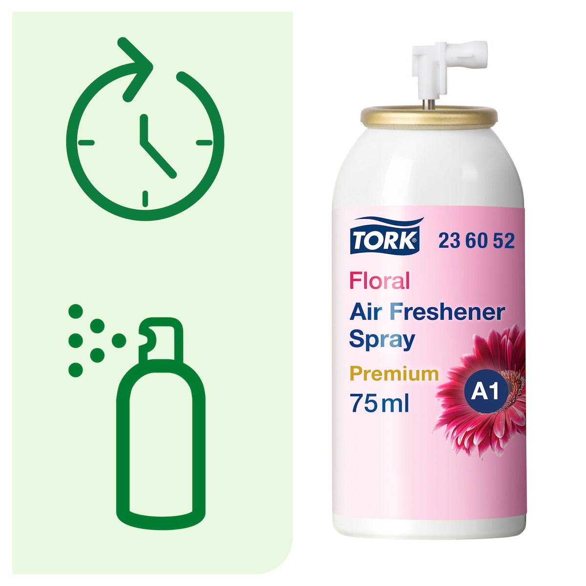 White Tork aerosol can printed Floral Air Freshener Spray, Premium, 75 ml, A1 and article 23 60 52, beside a green panel with clock and spray icons
