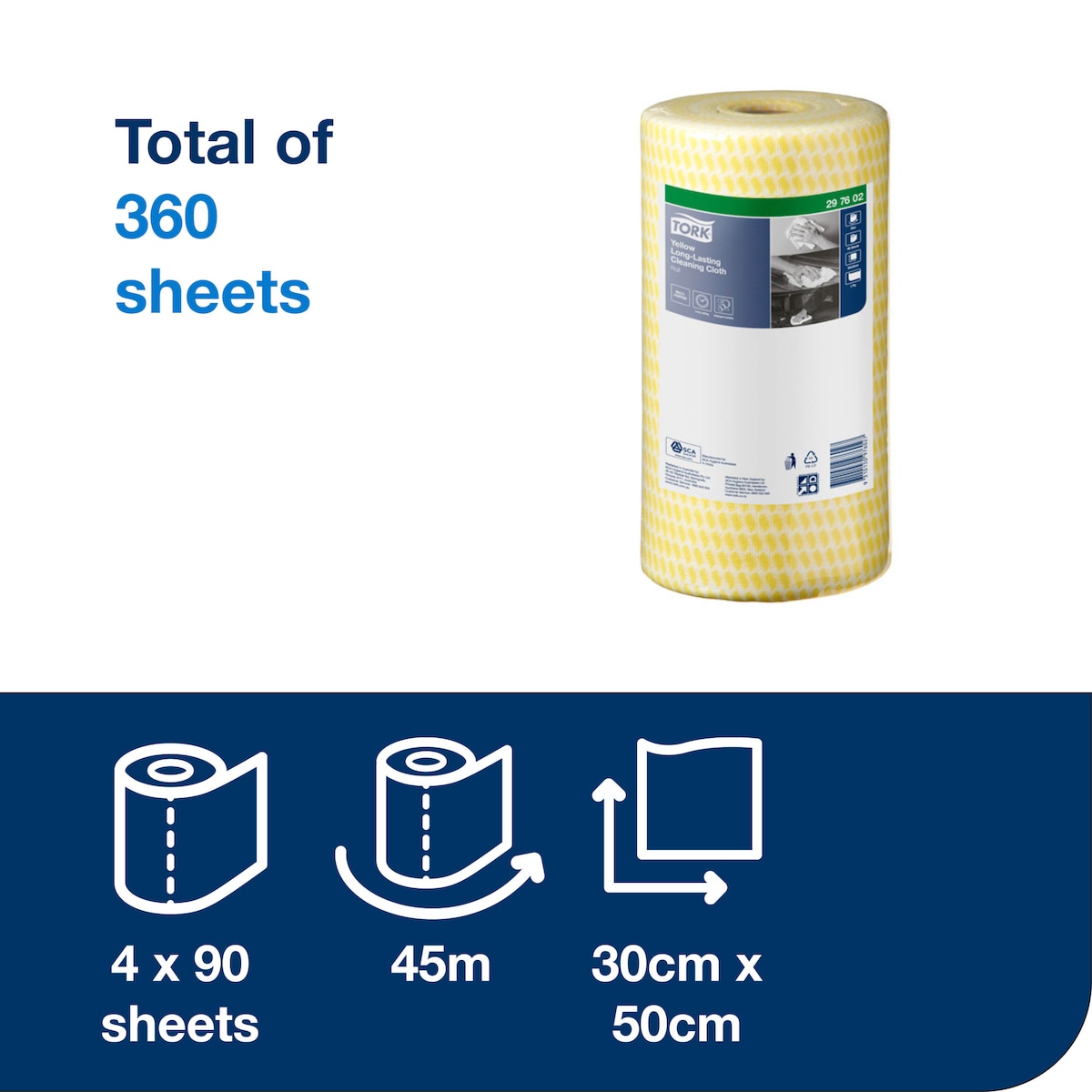 Tork information panel reading total of 360 sheets, with a yellow crosshatch cloth roll and icons for 4 x 90 sheets, 45 m and 30 cm x 50 cm