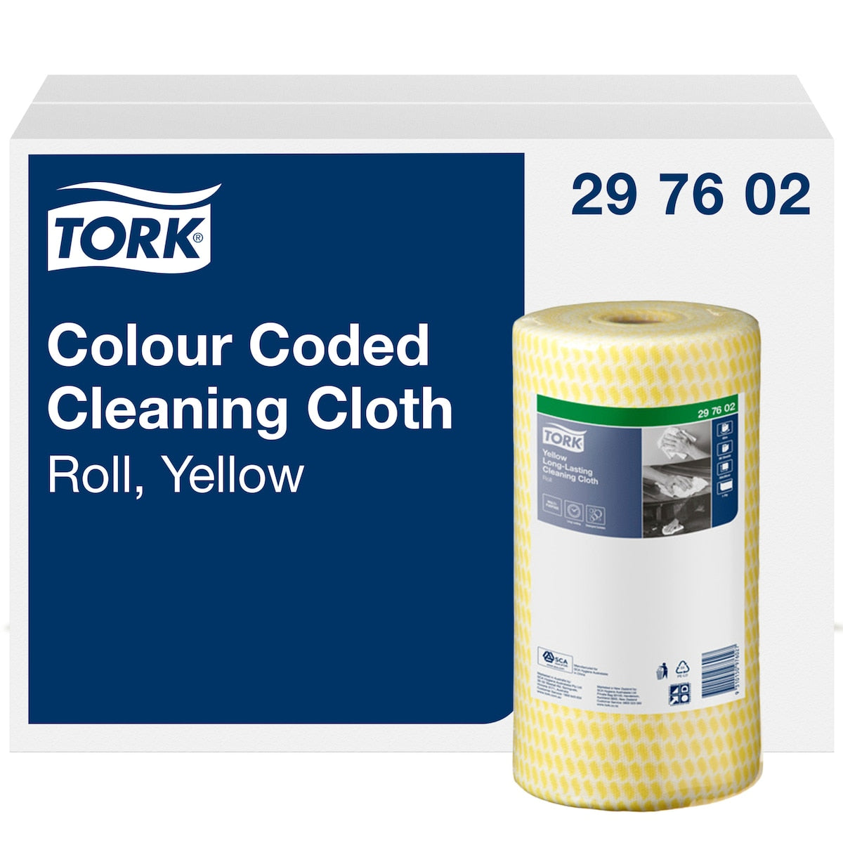 Blue and white Tork box printed Colour Coded Cleaning Cloth, Roll, Yellow and article 29 76 02, shown with the yellow cloth roll beside it