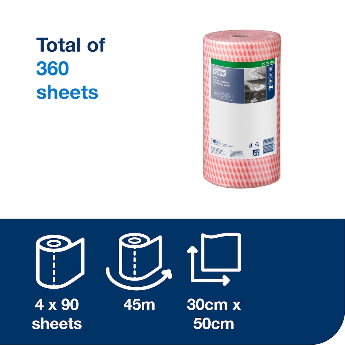 Tork information panel reading total of 360 sheets, with a red crosshatch cloth roll and icons for 4 x 90 sheets, 45 m and 30 cm x 50 cm