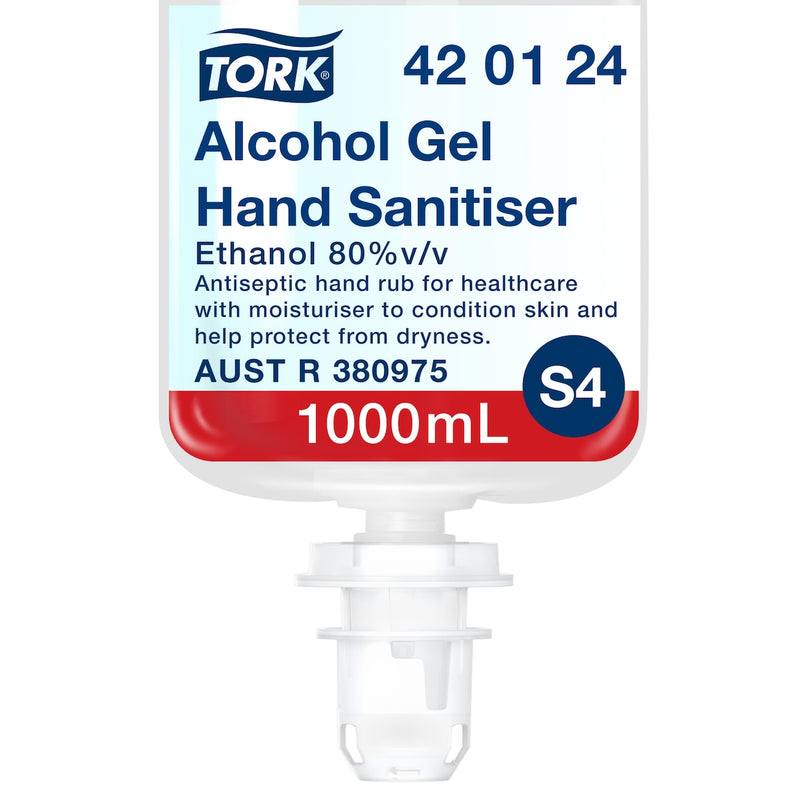 Blue and white Tork cartridge printed Alcohol Gel Hand Sanitiser, Ethanol 80 percent v/v, AUST R 380975, S4, 1000 mL and article 42 01 24