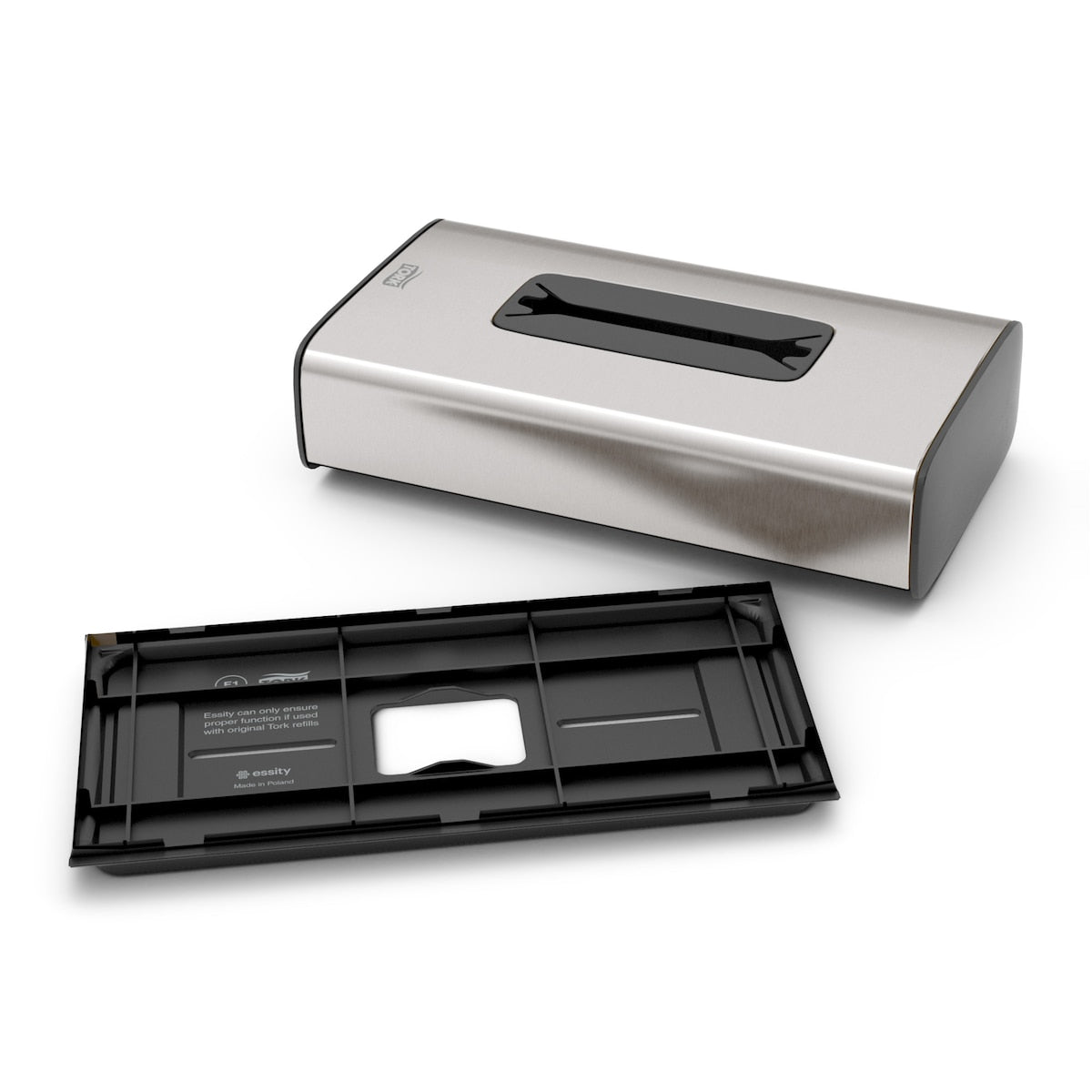 Brushed stainless steel Tork facial tissue dispenser shown beside its separate black moulded back plate