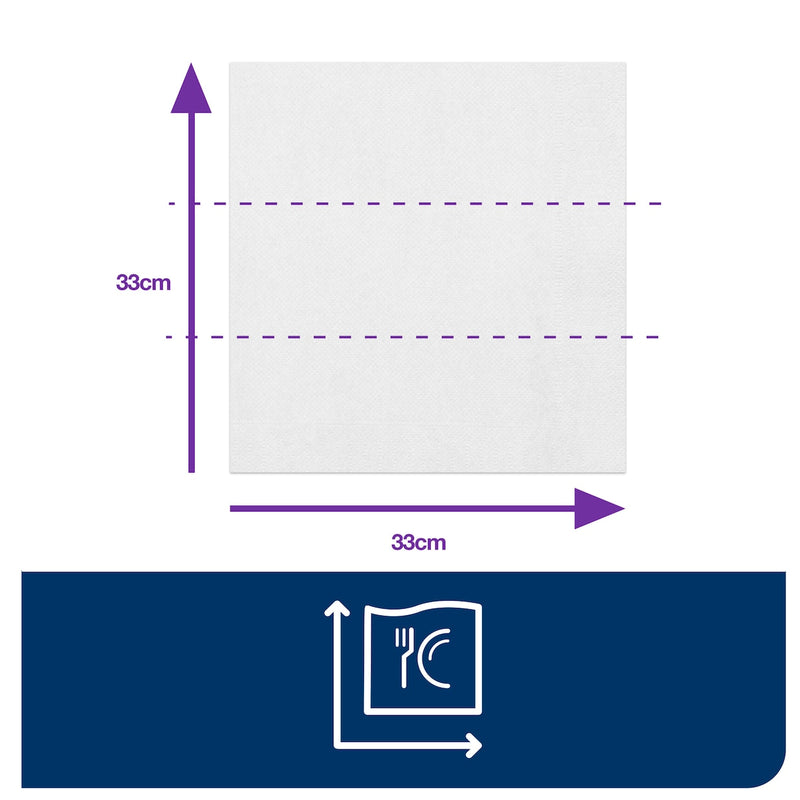 Line diagram of a square white napkin with its folded dimensions marked 33 cm by 33 cm, with a fold icon below