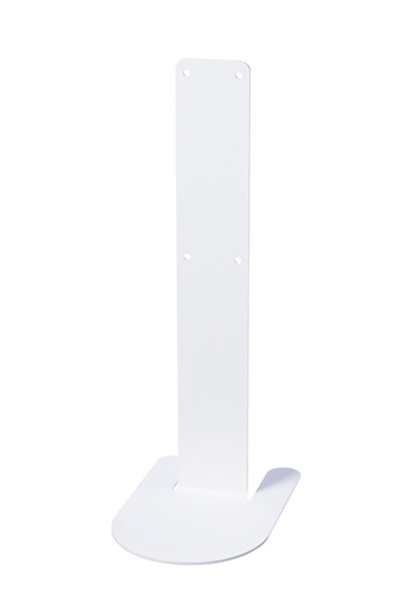 White powder coated Tork tabletop stand with a flat upright panel and a curved foot plate, shown empty