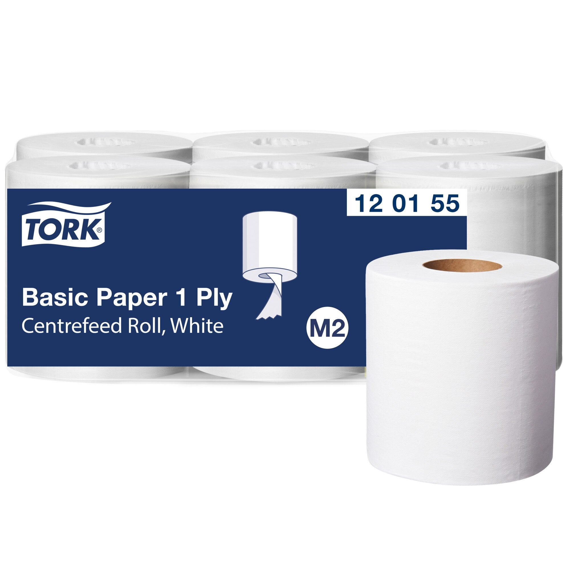 Carton of six white Tork Basic Paper 1 Ply centrefeed rolls in clear shrink wrap with a dark blue Tork label reading Basic Paper 1 Ply Centrefeed Roll White, code 12 01 55 and the M2 system icon, one loose roll standing in front showing its brown cardboard core
