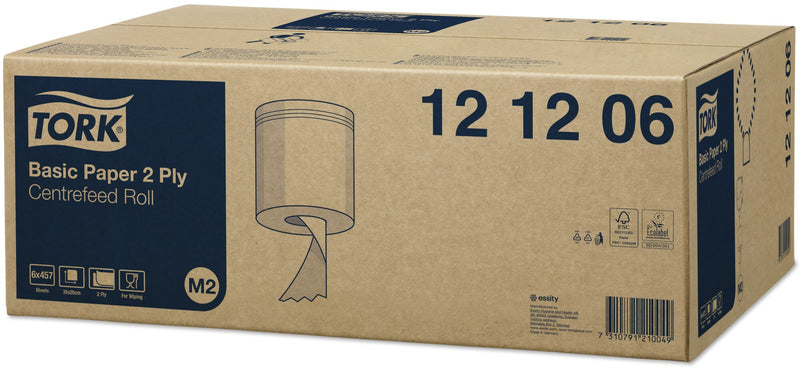 Closed brown shipping carton at an angle, printed in navy with the Tork logo, Basic Paper 2 Ply Centrefeed Roll, code 12 12 06, a centrefeed roll diagram and icons for 6 x 457 sheets, 35 x 20 centimetres and 2 ply.
