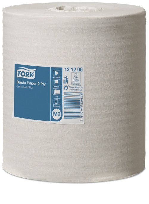 Single white Tork Basic Paper 2 Ply centrefeed roll upright on white, the label reading code 12 12 06 with icons for 457 sheets, 35 x 20 centimetres, 2 ply, For wiping, M2 and tissue with 100 percent recycled fibres.