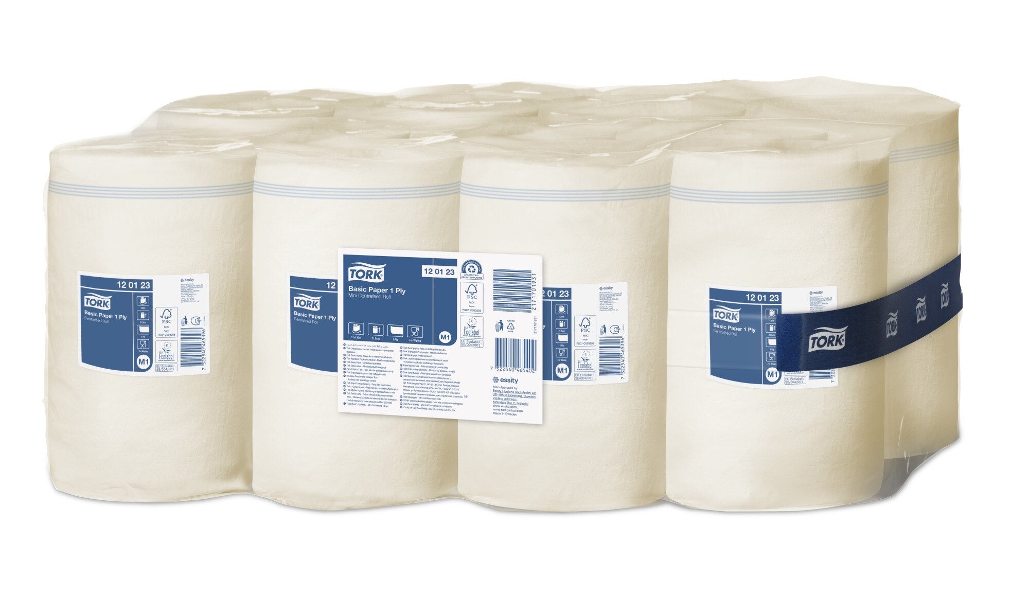 Angled view of the wrapped eleven roll pack of cream coloured mini centrefeed paper, the individual roll labels showing code 12 01 23 with FSC Mix and EU Ecolabel marks, and a navy Tork band across the front.