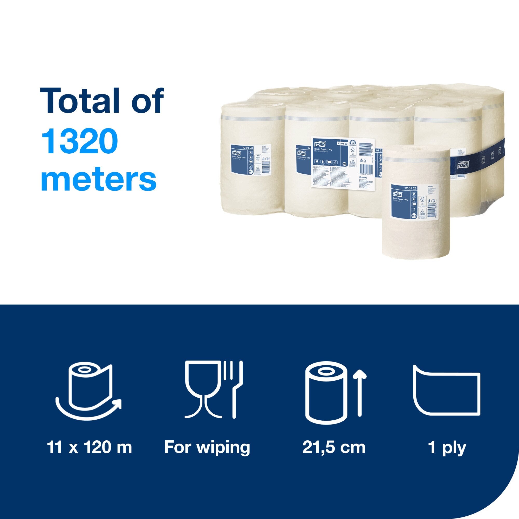 Pack contents graphic reading Total of 1320 metres beside the wrapped pack and one loose roll, with navy icons below for 11 x 120 m, For wiping, roll width 21.5 centimetres and 1 ply.