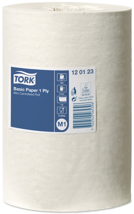 Single natural white Tork Basic Paper 1 Ply mini centrefeed roll upright on white, labelled code 12 01 23 with icons for 120 metres, 21.5 centimetres, 1 ply, For wiping, M1 and 100 percent recycled fibres.