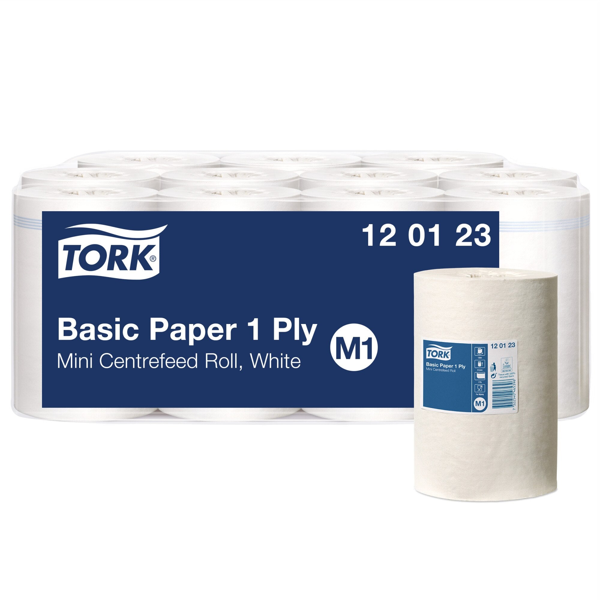 Shrink wrapped pack of eleven natural white Tork mini centrefeed rolls behind a navy label reading Tork Basic Paper 1 Ply Mini Centrefeed Roll White, code 12 01 23 and an M1 symbol, with one single roll standing in front.