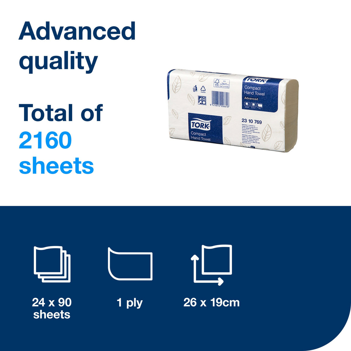 Tork contents panel for the Compact Hand Towel 2310769 reading Advanced quality and Total of 2160 sheets, with icons for 24 x 90 sheets, 1 ply and 26 x 19 cm