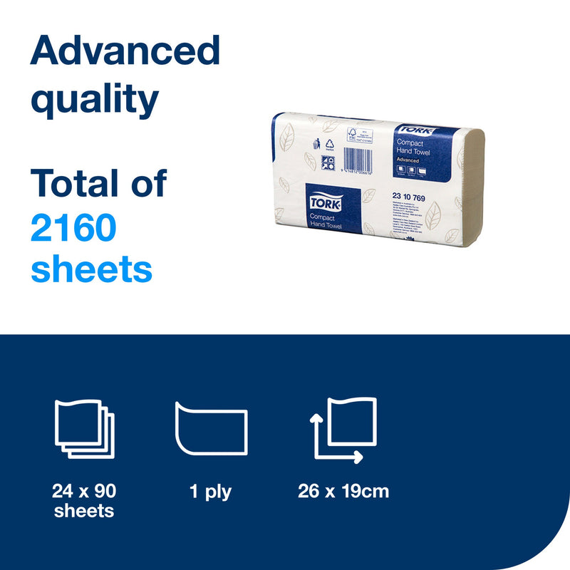 Tork contents panel for the Compact Hand Towel 2310769 reading Advanced quality and Total of 2160 sheets, with icons for 24 x 90 sheets, 1 ply and 26 x 19 cm
