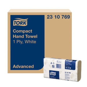 Tork Compact Hand Towel 2310769 shipper carton with a blue panel printed Compact Hand Towel, 1 Ply, White, Advanced, with the carry pack standing in front of it