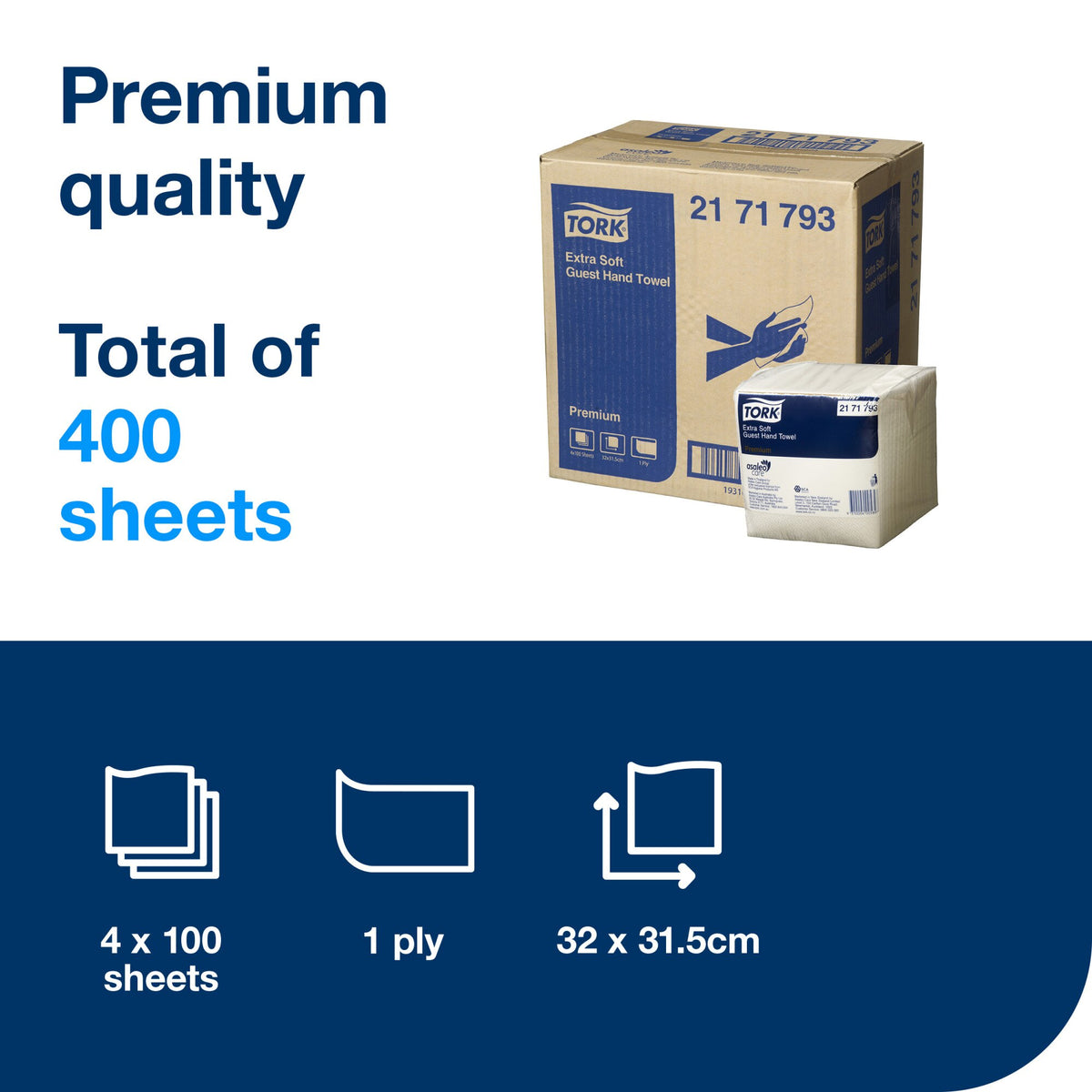 Tork contents panel for the Extra Soft Guest Hand Towel 2171793 reading Premium quality and Total of 400 sheets, with icons for 4 x 100 sheets, 1 ply and 32 x 31.5 cm