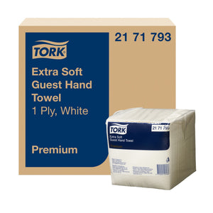 Tork Extra Soft Guest Hand Towel 2171793 carton artwork and consumer pack, printed Extra Soft Guest Hand Towel, 1 Ply, White, Premium, with the article number panel