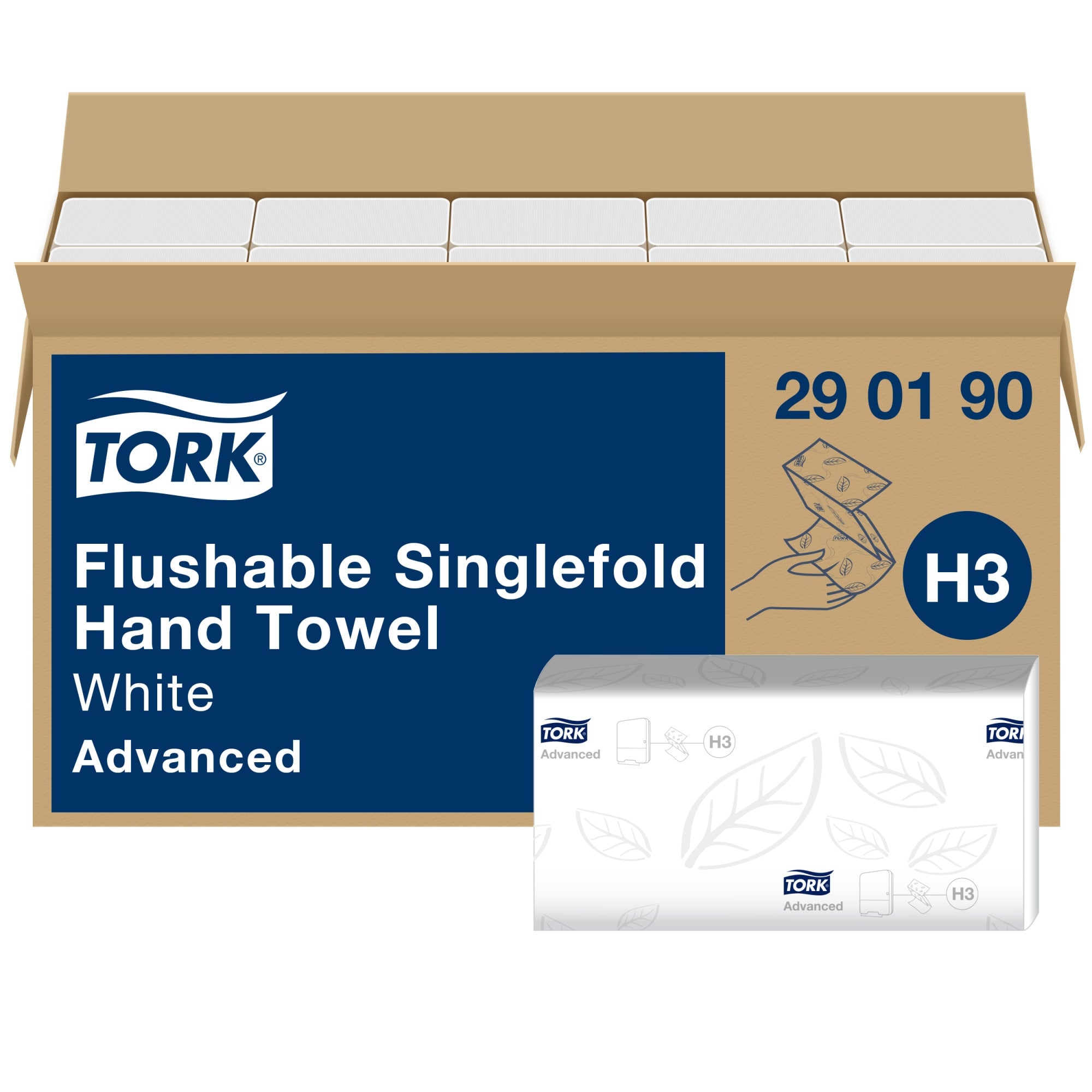Tork Flushable Singlefold Hand Towel 290190 open carton, navy panel reading White Advanced with an H3 badge, showing white folded towel bundles with a leaf embossed wrapper