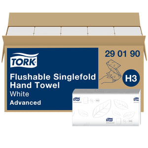 Tork Flushable Singlefold Hand Towel 290190 open carton, navy panel reading White Advanced with an H3 badge, showing white folded towel bundles with a leaf embossed wrapper