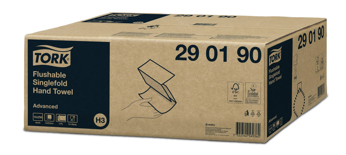 Sealed kraft carton of Tork Flushable Singlefold Hand Towel 290190 Advanced, with the towel illustration, H3 badge and certification marks on the end panel
