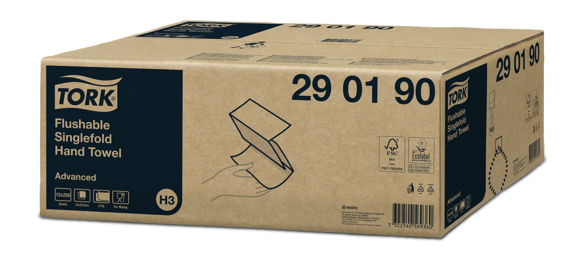 Sealed kraft carton of Tork Flushable Singlefold Hand Towel 290190 Advanced, with the towel illustration, H3 badge and certification marks on the end panel