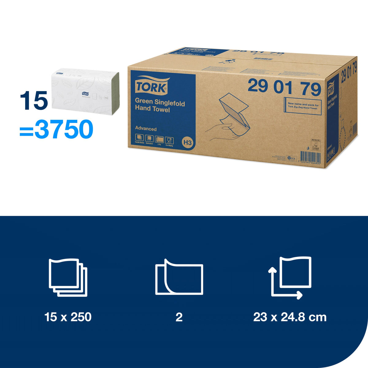 Tork panel showing 15 packs equal 3750 sheets beside a carton of Tork Green Singlefold Hand Towel 290179, with icons for 15 by 250 sheets, 2 ply and 23 by 24.8 centimetres