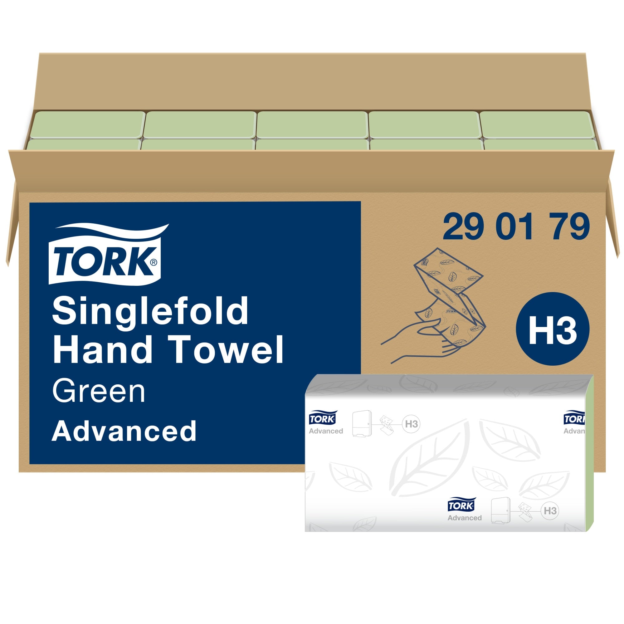 Tork Singlefold Hand Towel 290179 open carton, navy panel reading Green Advanced with an H3 badge, showing green folded towel bundles and a white leaf embossed bundle wrapper