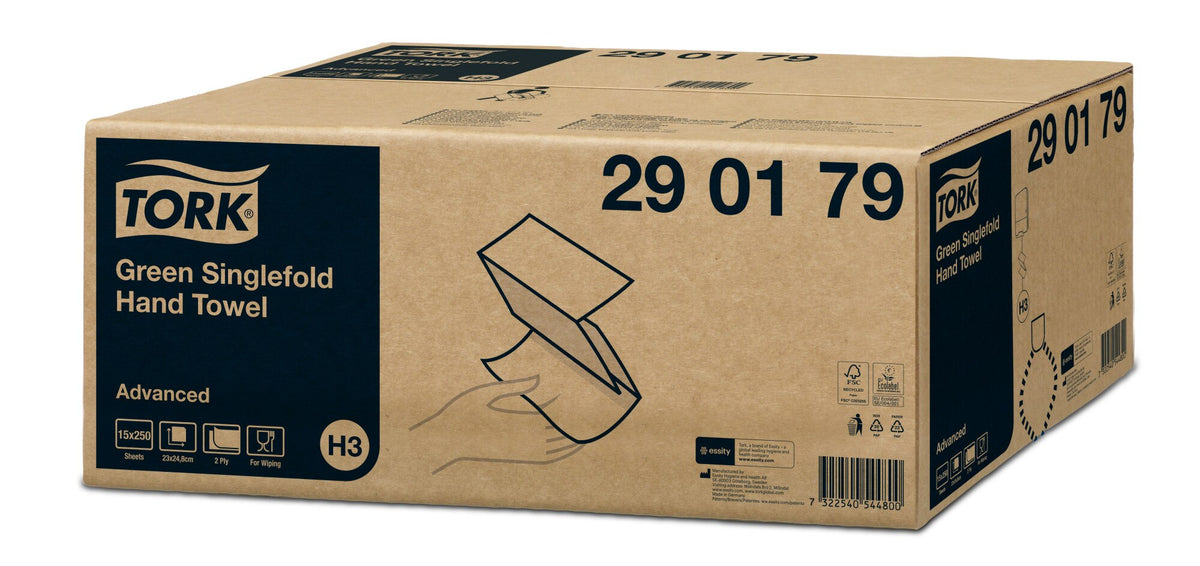 Sealed kraft carton of Tork Green Singlefold Hand Towel 290179 Advanced, with the towel illustration, H3 badge and certification marks on the end panel