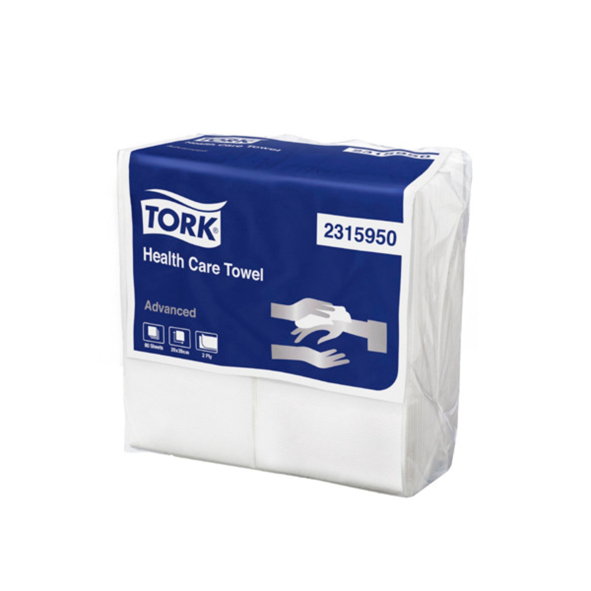 Tork Healthcare Towel 2315950 poly pack with a blue banderole label printed Health Care Towel and Advanced, an icon row reading 80 Sheets and 39x39cm, and a pictogram of two hands, one gloved, passing a towel