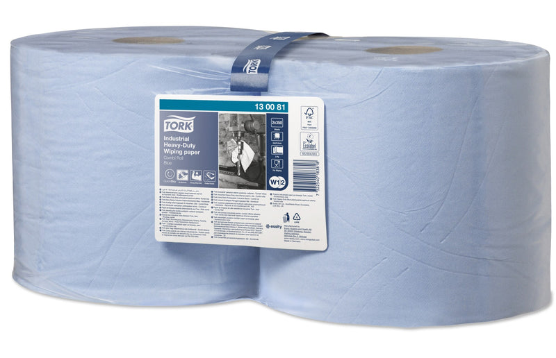 Angled view of the shrink wrapped pair of blue Tork industrial rolls with navy Tork banding and a multilingual label showing 13 00 81, 2 x 350 sheets, 3 ply, FSC and EU Ecolabel marks.