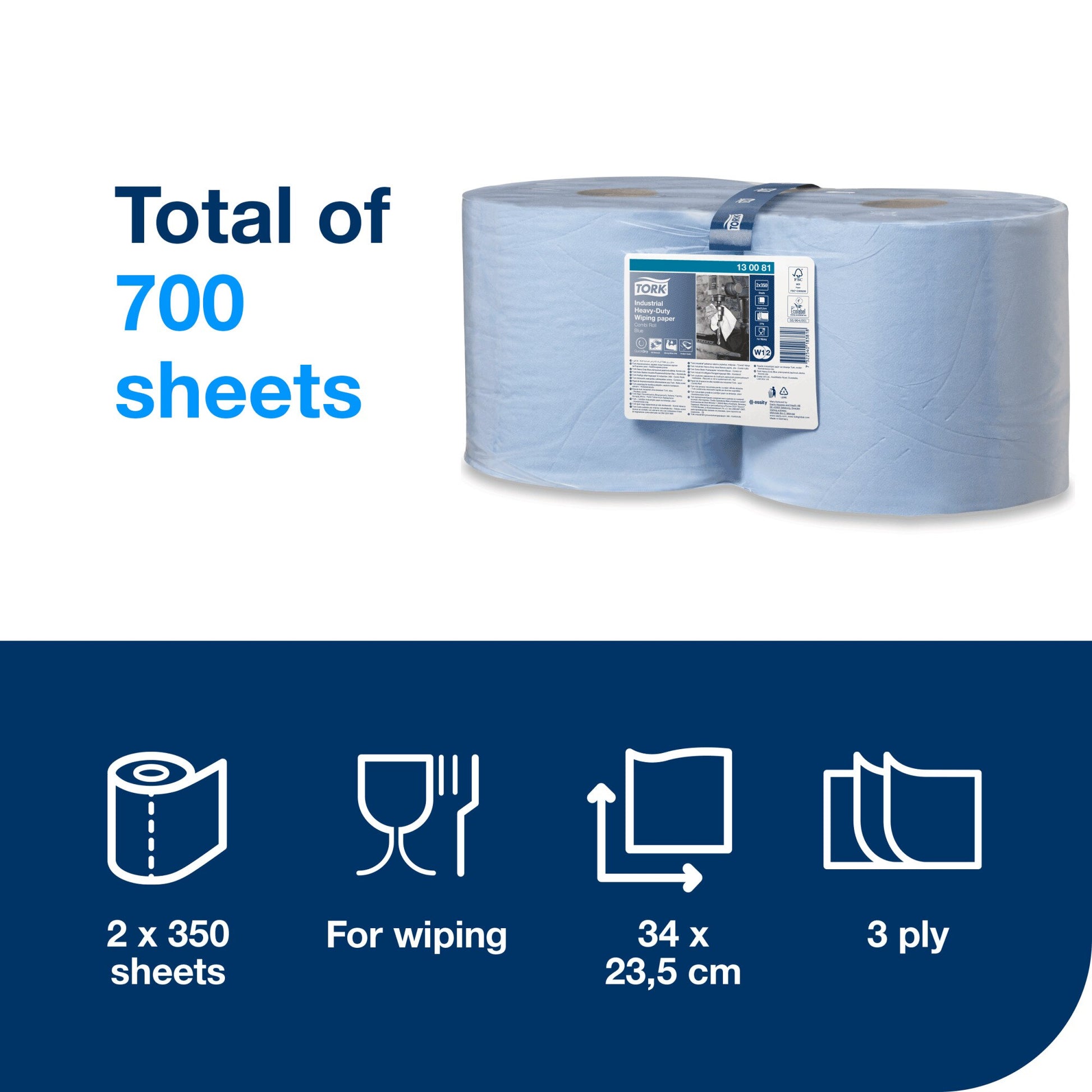 Contents graphic for Tork 13 00 81 with the wrapped twin roll pack beside blue text reading total of 700 sheets, plus icons for 2 x 350 sheets, for wiping, 34 x 23.5 cm and 3 ply.
