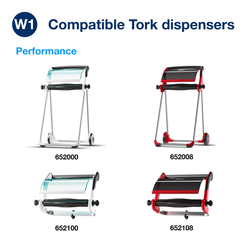 Tork W1 dispenser compatibility chart showing four Performance range roll dispensers in white and red, two mobile floor stands and two wall brackets, each labelled with its Tork model number.